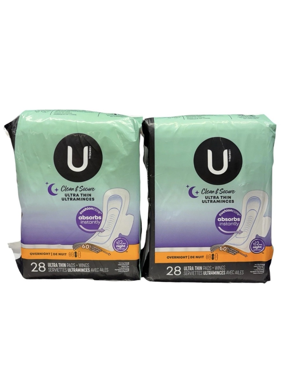 (2) U by Kotex Clean & Secure Overnight Ultra Thin Pads 28ct 12 Hours Night
